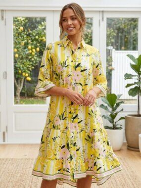 Islapayal Lemon & Floral Stripe Shirt Dress - Size L